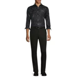 Outlet ✨ Murano Electric Jungle Collection Slim-Fit Floral Jacquard Long-Sleeve Woven ✨ Shirt Black ✨ -Murano Shop unnamed file 1068