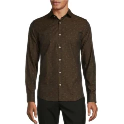 Best reviews of 😀 Murano Electric Jungle Collection Slim-Fit Eye Jacquard Long-Sleeve Woven Shirt Black 🥰