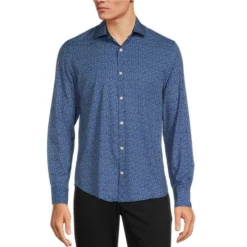 Cheap 👏 Murano Slim-Fit Floral Print Performance Stretch Long-Sleeve Woven Shirt Blue ✨