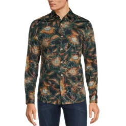 Budget ✨ Murano Electric Jungle Collection Slim-Fit Neon Floral Print Long-Sleeve Woven 🧨 Shirt Dark Navy 👏