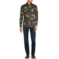 Budget ✨ Murano Electric Jungle Collection Slim-Fit Neon Floral Print Long-Sleeve Woven 🧨 Shirt Dark Navy 👏 -Murano Shop unnamed file 1224