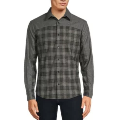 Outlet β€οΈ Murano Electric Jungle Collection Slim-Fit Plaid Pieced Long-Sleeve Woven Shirt Jacket Black π