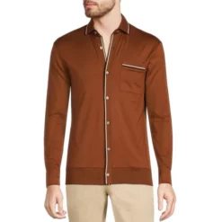 New 🥰 Murano Intergalactic Collection Slim-Fit Long-Sleeve Jacquard Tipped Coatfront Shirt Dark Copper ⌛