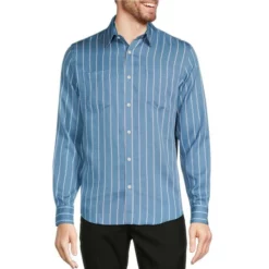 Promo ⌛ Murano Archive Collection Slim-Fit Two Pocket Stripe Long-Sleeve Woven ✔️ Shirt Blue Smoke 😍