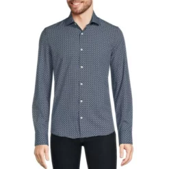 Best Sale ✔️ Murano Slim-Fit Pinwheel Print Performance Stretch Long-Sleeve Woven 💯 Shirt Navy 😀