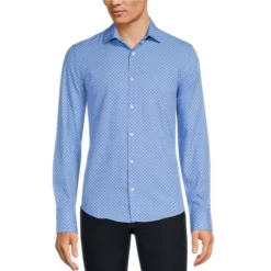 Buy 🤩 Murano Slim-Fit Bubble Print Performance Stretch Long-Sleeve Woven Shirt Blue 🧨
