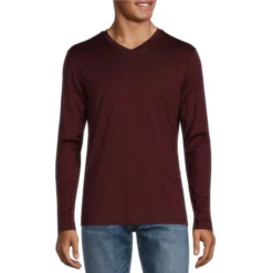 New ⭐ Murano Liquid Luxury Slim-Fit Jersey Long-Sleeve V-Neck Tee Dark Copper 🔔