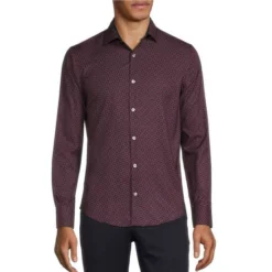 Best Sale 𧨠Murano Slim-Fit Medallion Print Performance Stretch Long-Sleeve Woven Shirt Red π§¨